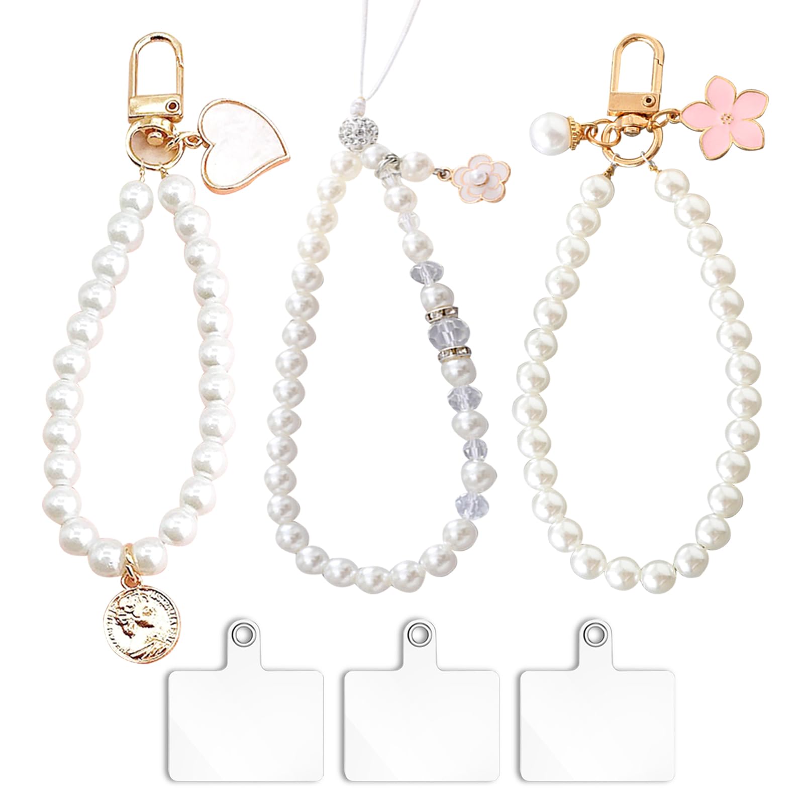 FOSDICK 3 PCS Pearl Beaded Phone Wrist Strap, Phone Charm, Bead Cell Phone Lanyard Wrist Straps for Phone Strap, Mobile Phone Chain with 3pcs Tether Tabs, Phone Bracele for Women Girls, White
