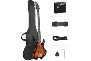 GLARRY Electric Bass Guitar 4 Strings Buring Fire Style Single Coil - Split Single Coil Pickups for Beginner Adults Right Hand w/ 20W Amp, Bag, Strap and Cord (Sunset)