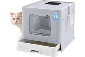 Bolux Foldable Cat Litter Box with Lid, Extra Large Litter Box with Cat Litter Scoop, Drawer Type Cat Litter Pan Easy to Scoop & Low Tracking (Grey XL)