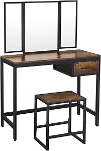 VASAGLE Vanity Table Set, Makeup Table with Stool, Tri-Fold Mirror, 1 Drawer, Industrial, Rustic Brown and Black URVT01BX