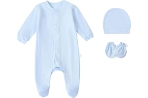 FITFIFTH POD Baby Rompers 0~3 to 3-6 Months 100% Cotton Footies 3PCS Jumpsuit with Solid Hats Mittens Gloves