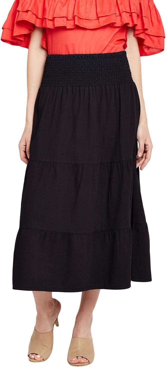 Ruhaan's Women Black Color Knee Length Denim Skirt (BS_7176)
