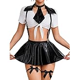 ShawGobow Sexy Schoolgirl Outfit,Tie Crop Top & Metallic Mini Skirt,6 Pcs Cheerleader Halloween Costume For Women