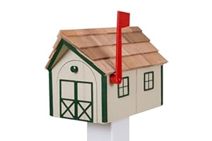 Peaceful Classics Amish Cedar Roof Wooden Mailbox with Window & Door Trim, Mailboxes for Outside, Handcrafted Outside Mailboxes, Post Mount Residential Mailboxes - (Beige with Forest Green Trim)