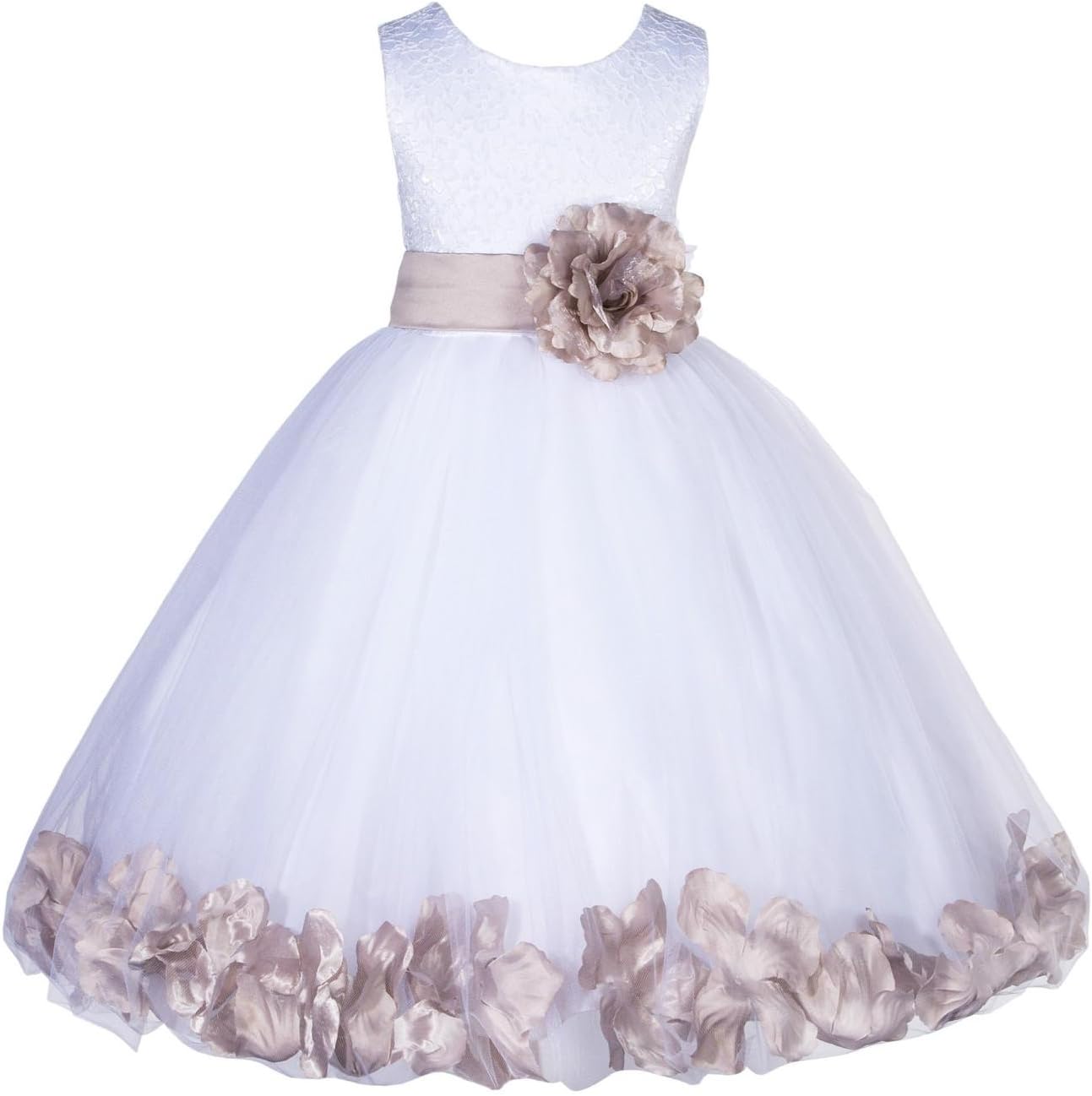 Wedding Pageant Floral Lace top Rose Petals White Tulle Flower Girl Dress 165T