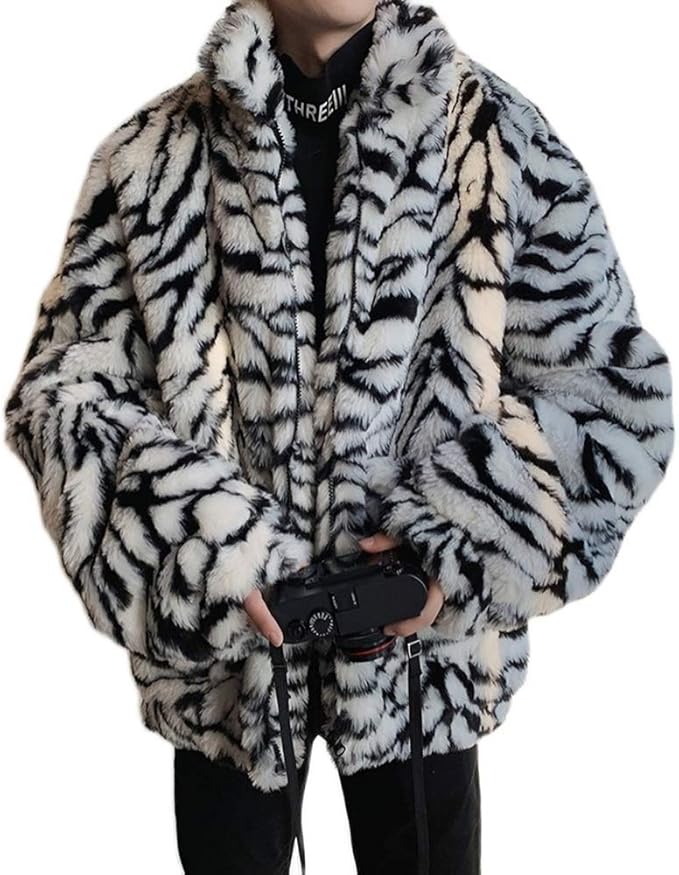 Amazon フェイクファージャケット メンズ ゼブラ柄 シマウマ柄 ファーコート ボアジャン ボアコート ロングコート 韓国 ファッション ボア ジャケット モコモコ アニマル柄 アウター ビッグシルエット B系 ストリート系 ゆったり 冬物 長袖 モード系 コート