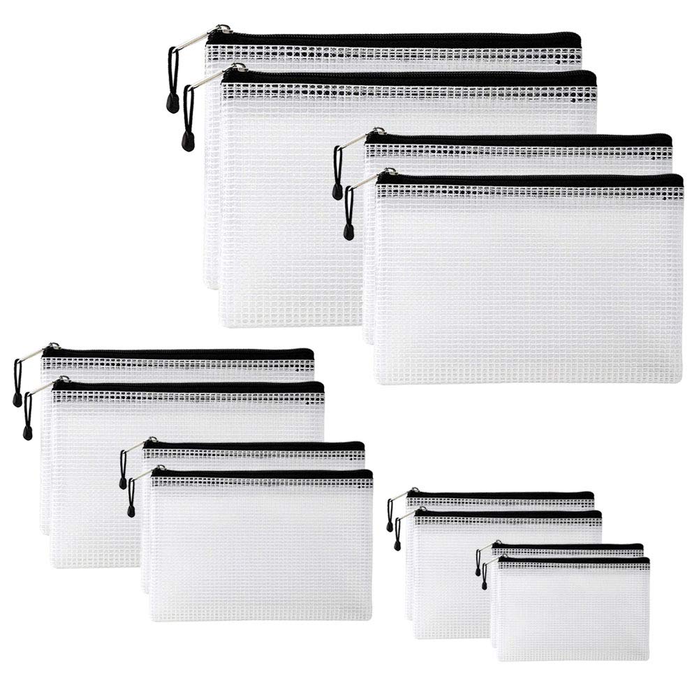 12 Pcs Zipper Document Mesh Bags, Plastic Wallet File Folder Waterproof Surface Storage Bag for School Office Supplies Cosmetics Travel Accessories, 6 Sizes