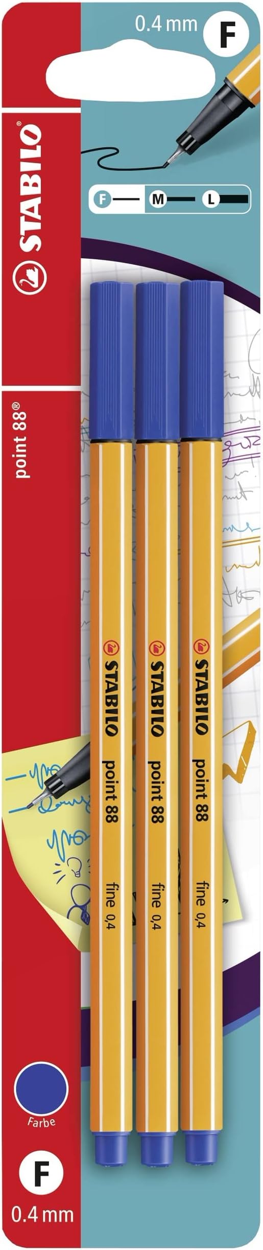 STABILO point 88 Fineliner Pack of 3 Blue 0.4 mm Metal Cased Tip