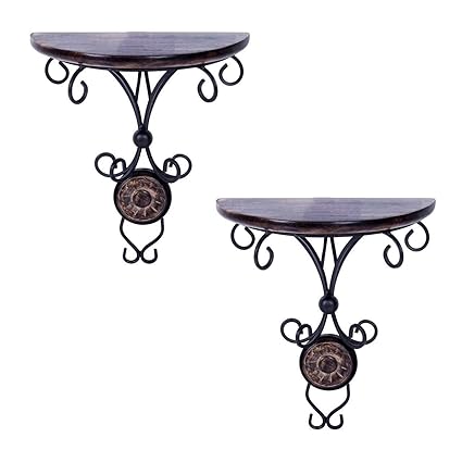 Pindia Wood Beautiful Wood and Wrought Iron Fancy Wall Bracket (8 cm x 4 cm x 9 cm, Brown, Set of 2)