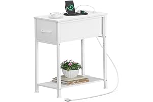 Vagusicc End Table with Charging Station, Narrow Side Table Nightstand with Fabric Drawer, Slim Nightstand for Bedroom, Small
