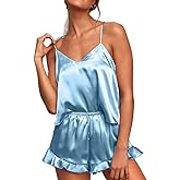 CHYRII Women's Sexy Silk Satin Ruffled Pajamas Sets Cami Shorts Sets Sleepwear