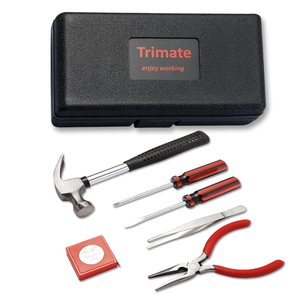 Household Hand Tools, Tool Set - 7 Piece by Trimate, Set Includes – Hammer, Screwdriver Set, Pliers (Tool Kit for The Home, Office, or Car) (Red)