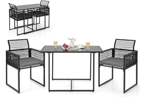 HAPPYGRILL 3 Pieces Outdoor Patio Dining Set, PE Rattan Furniture Set with Cushions, Tempered Glass Tabletop, Space-Saving Rattan Dining Chair Table Set for Backyard Poolside Balcony