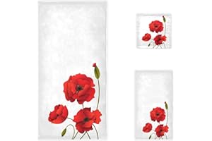 Naanle Stylish Beautiful Red Poppy Flowers Soft Luxury Decorative Set of 3 Towels, 1 Bath Towel+1 Hand Towel+1 Washcloth, Multipurpose for Bathroom, Hotel, Gym, Spa and Beach(White)