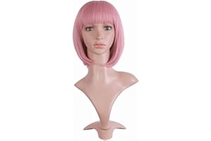 MapofBeauty 12"/30 cm Natural Ladies Short Straight Wigs Flat Bangs Bob Wig (Pink)