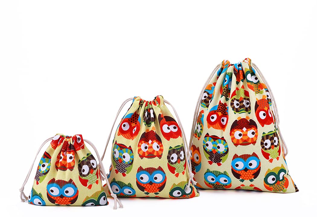 Amoyie Nursery Organisers - 3 Reusable Drawstring Bags for Toys, Diapers, Gifts; Medium (25x30cm), Small (19x23cm), Mini (15x16cm); Goodie Bags for Girls & Boys, Baby Room Storage