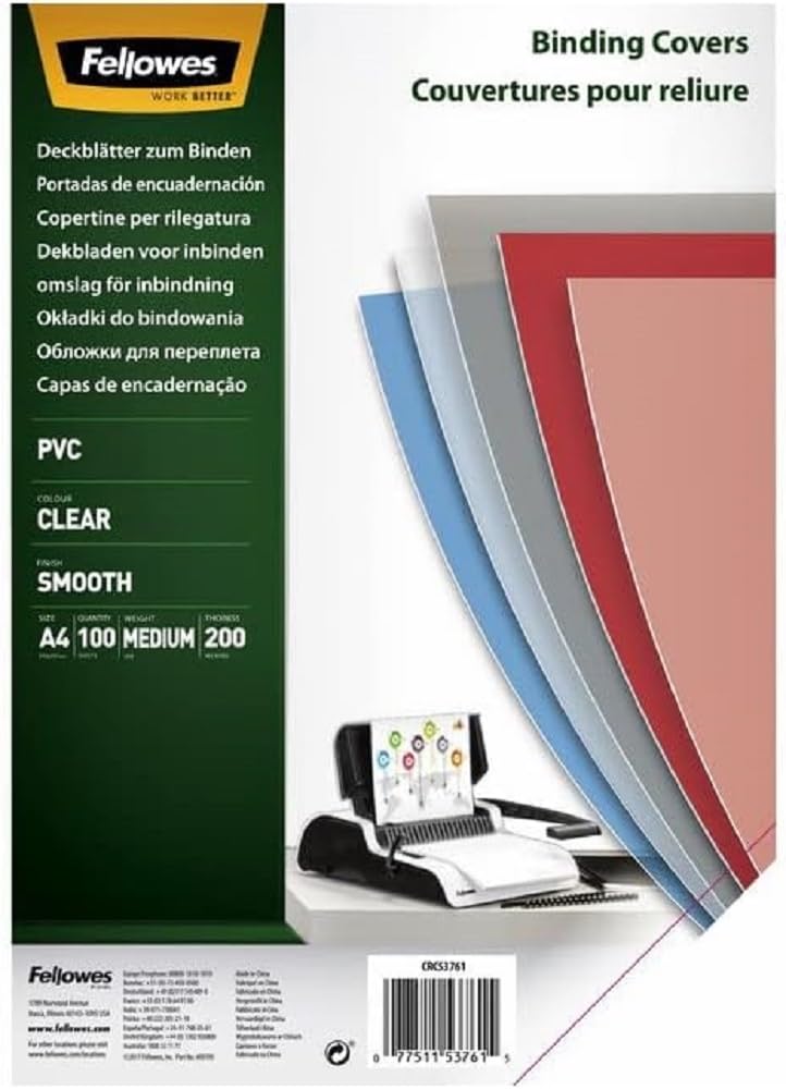 Fellowes A4 Clear PVC Binding Covers, 200 Micron Transparent Protective Sheets, Smooth Finish, Pack of 100 - Compatible with Comb & Wire Binding