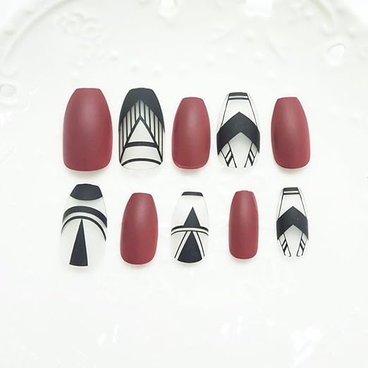 Amazon.com : Frost Coffin Fake Nails Maroon Red Matte Geometry Triangle Pattern Acrylic ABS Nail Tips 24pcs in box Z907 : Beauty