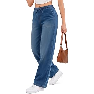 COPYLEAF Wide Leg Baggy Jeans for Women High Waisted Stretchy Jeans Trendy | Wide Leg, 4 Practical Pockets, Drawstring High W