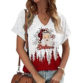 Earlymemb Women Christmas Graphic V Neck Shirt Funny Xmas Holiday Tee | Merry Xmas Vacation Graphic Short Sleeve Tee Winter Holiday Family Matching Party Top Blouse