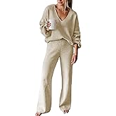 Fixmatti Women 2 Piece Knit Set Long Sleeve Pullover Sweater Top Wide Leg Pant Sweatsuit Outfits