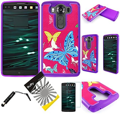 For LG V10 ITUFFY (TM) 3items Combo: Screen Protector + Stylus Pen + Dual Layer Impact Resistance Hybrid Armor Case (Purple Color Butterfly)