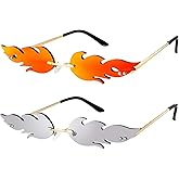 2 Pieces Fire Flame Sunglasses Flame Rimless Sunglasses Rimless Wave Glasses Fire Shape Glasses Eyewear for Party (Red and Silver)