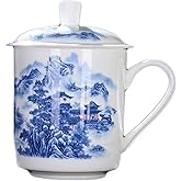 QPOIBSD Chinese Gongfu Loose Leaf Tea Brewing System - Bone China Porcelain Tea Cup with Tea Cup Lid (Blue Dragon) (Mountain and Water Cup)