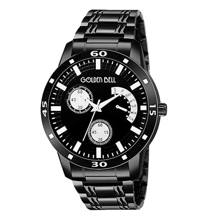 Golden Bell GB-1277 Watch for Men - Luxury Sports Casual Analog Quartz Chronograph Look Stainless Steel Band Black Color Mens Wristwatch