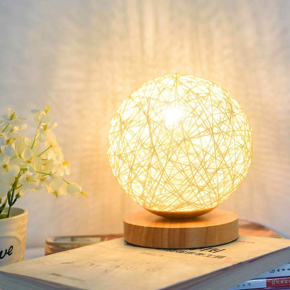Fantasee Rattan Ball Lamp LED Table Bedside Light USB Powered Creative Birthday Gift Bedroom Home Bookroom Decor (Beige, Dia-15cm Dimmable)