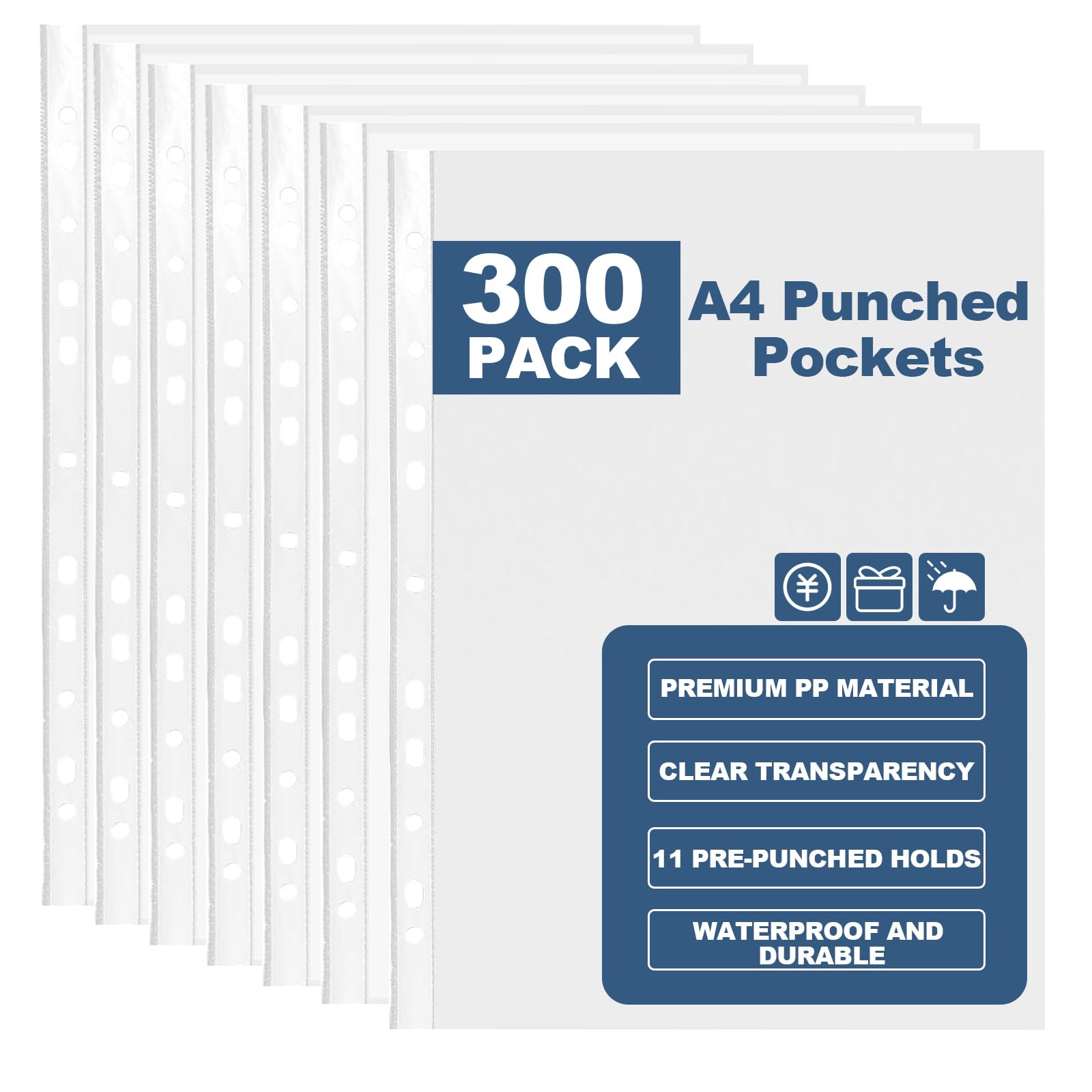 DAJAVE 300 Pack Poly Pockets A4 Punched Pockets, Top Opening Polly Pocket A4 Plastic Sleeves 30 Micron Plastic Wallet Sleeves for Organising Document, Lever Arch Files, Ring Binder Folders