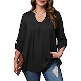 Angelips Women's Plus Size Tops V Neck Roll Up 3/4 Sleeve Tunic Pleated Casual Shirts Trendy Dressy Flowy Going Out Blouse