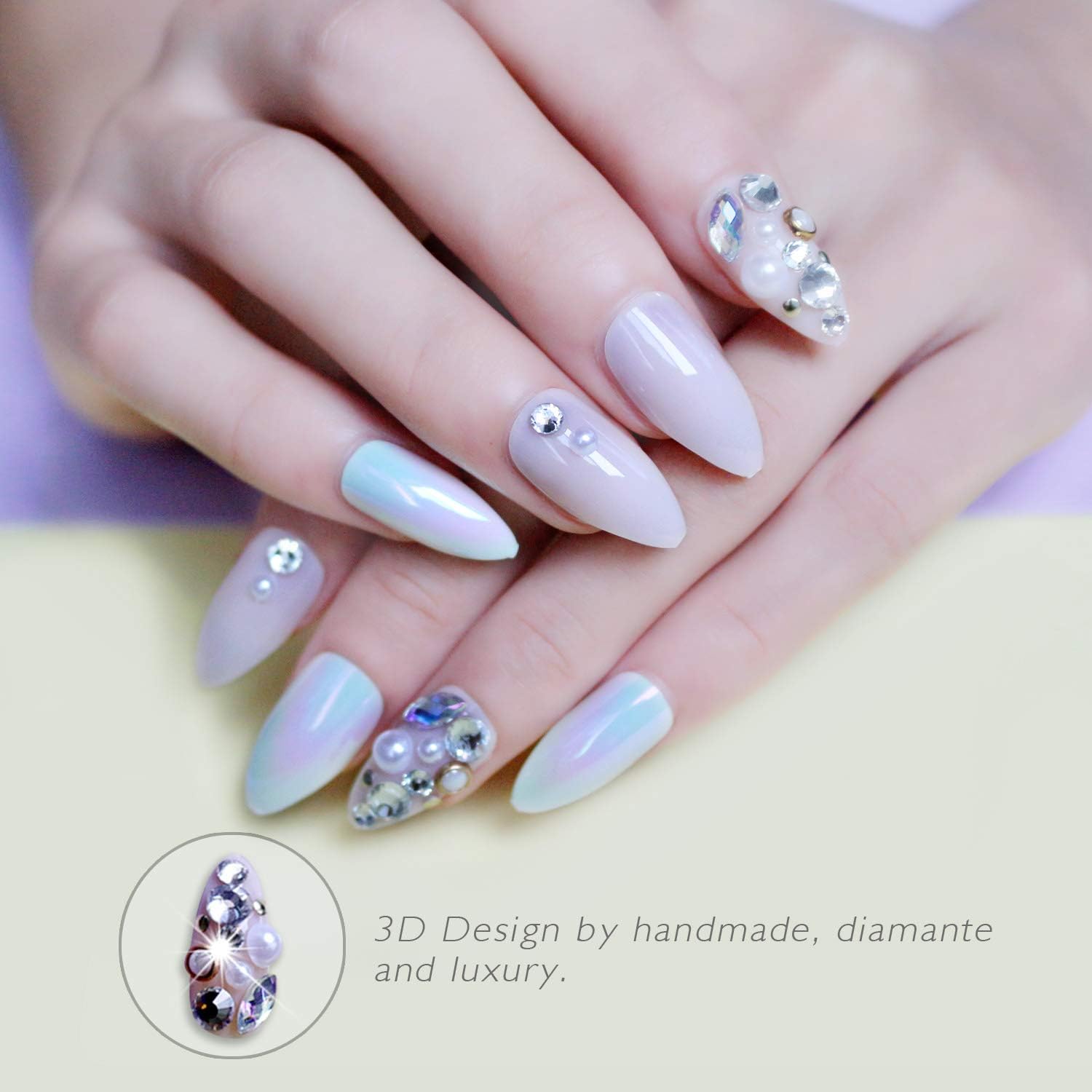 Stiletto False Nails 3D Diamond Press On Fake Nail Tip with Hologram False Nails for Ladies