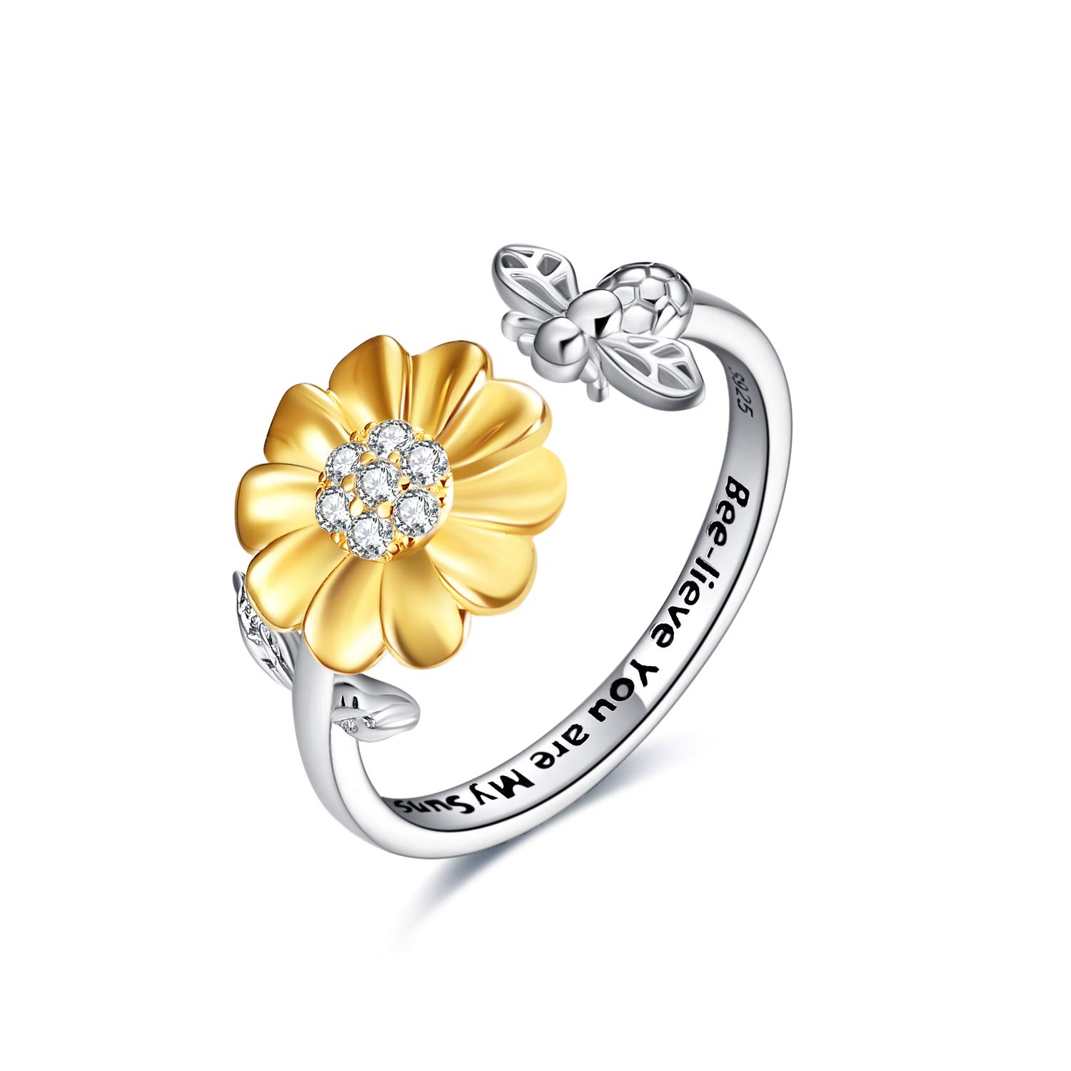 YFN Bee-lieve You Are My Sunshine Rings Sterling Silver Sunflower with Bee Open Adjustable Ring for Women Girls (Bee)