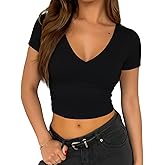 ForeFair Womens Short Sleeve Crop Tops Casual V Neck T Shirts Going Out Top Double Lined Slim Fitted Basic Tee