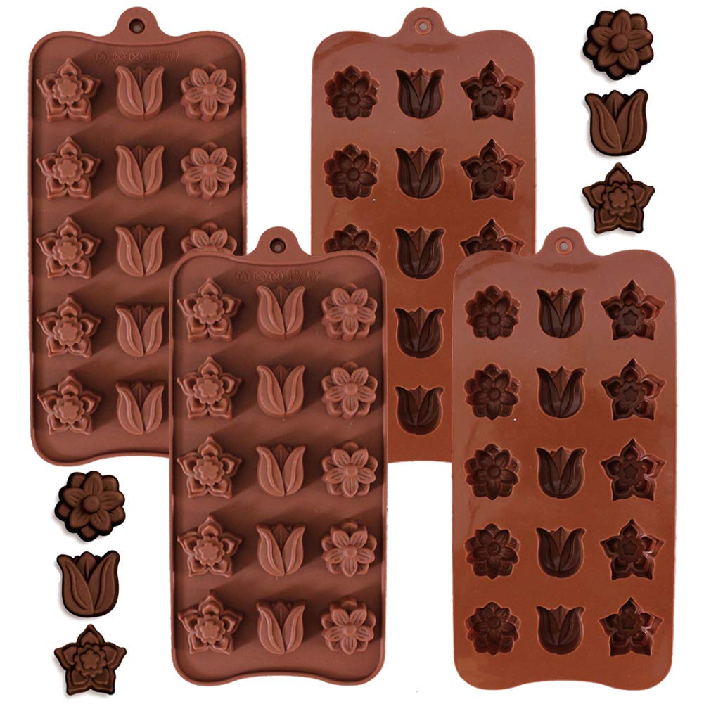 Flower Chocolate Silicone Mold, NALCY Shape Cake Candy Mould, Reusable Stars Shaped Candy Making Molds, Food Grade Molds for Chocolate Molds, 4 Pack - 15 Cavity