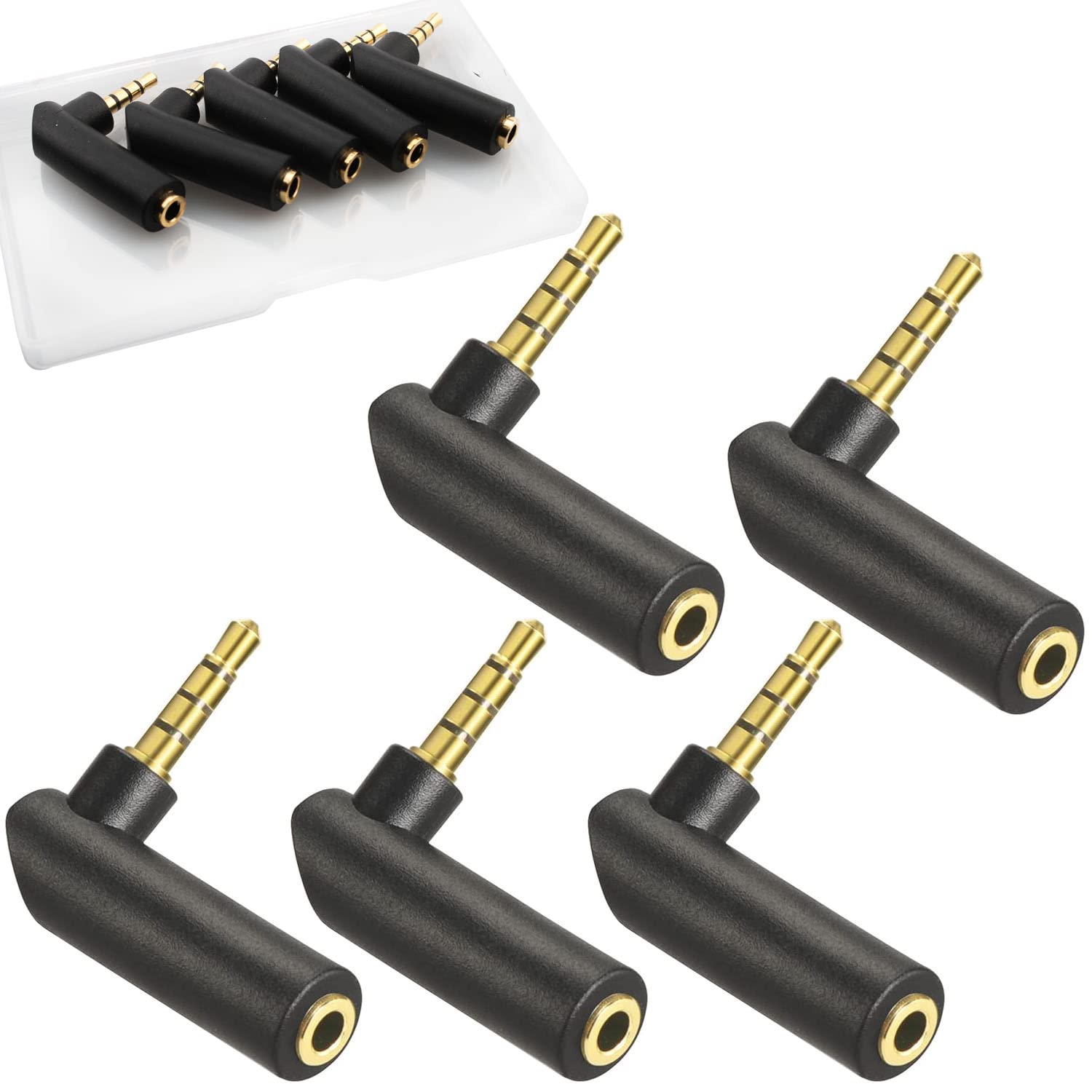 RUNCCI-YUN 5Pcs 3.5mm Angle Male to Female Audio Adapter, 90 Degree Right Angle Gold-Plated TRRS Stereo Jack Plug AUX Connector Compatible with Headset, Tablets, MP3 Players, Game Controller, Speakers