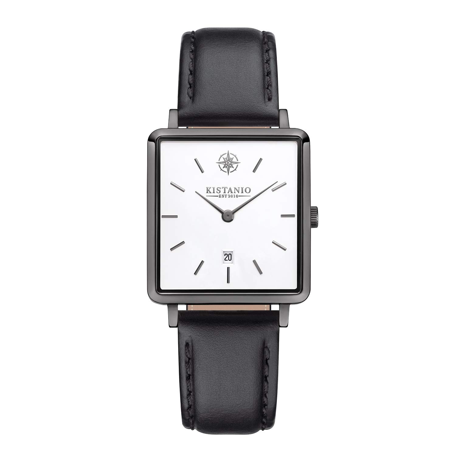 Kistanio Carré Flat Women's Watch with Leather Strap Sapphire Glass Rectangular Stainless Steel Date Various Variations, Gunmetal / White / Black, Strap.