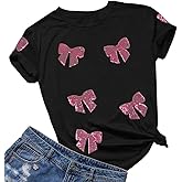 Womens Bow Shirt Coquette Aesthetic Shirts Cute Sequin Graphic Tees Trendy Pink Bow Ribbon Short Sleeve Tee Tops
