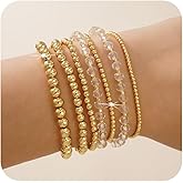 Bohxantium 7PCS Gold Crystal Beaded Bracelets for Women Stretch Elastic Stackable Non Tarnish Dainty 14K Gold Plated Beads Ball Bracelet Stack Crystal Adjustable Trendy Jewelry Set for Gift