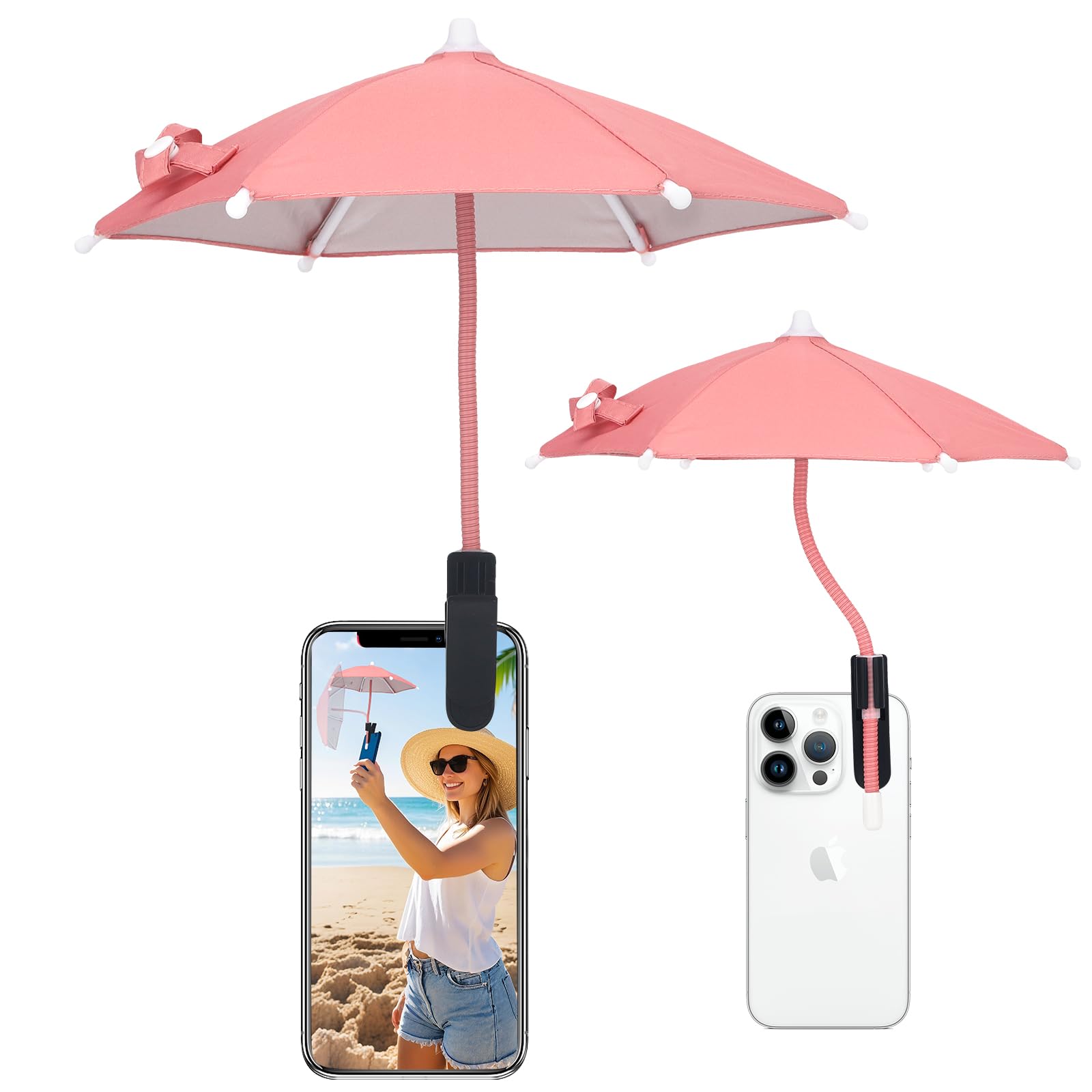 TOUGHMATE Mini Clip-on Phone Umbrella for Sun Flexible Adjustable Handle, Cell Phone Umbrellas Sun Shade Protects from Sunlight and Glare, Universal Fit for All Smartphones, Pink