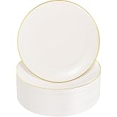 Nervure 100PCS Ivory and Gold Plastic Plates 10.25&Prime; Disposable Dinner Plate | Heavy Duty Plastic Plate Ideal for Wedding &amp; Party, BPA-Free, Gold Rim, 100 Ivory Gold Dinner Plate, High-end