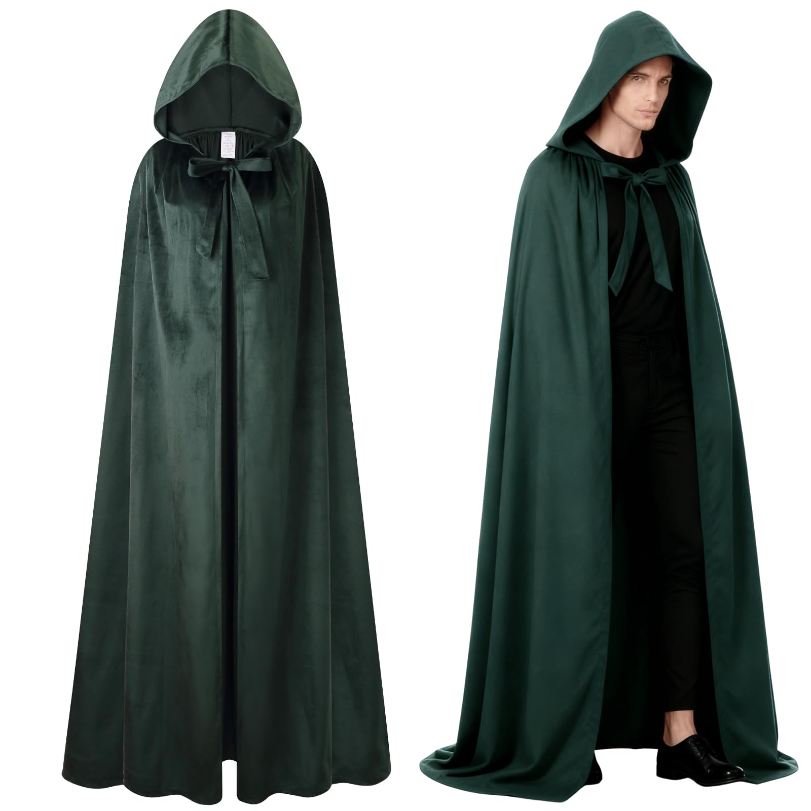 maxToonrain Deluxe Velvet Hooded Cape for Adults, Unisex Cloak with Hood Full Length for Halloween Christmas Fancy Dress Costume (130cm, Dark Green)