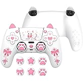 PlayVital Sweetheart Kitty Silicone Cover for ps5 Controller with 6 Joystick Caps and 6 Sticker, Soft Anti-Slip Full Protection Grip Skin Compatible with ps5 Charging Dock - White