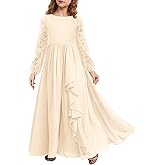 MITILLY Girls Fall Long Sleeve Maxi Dress Vintage A-Line Chiffon Ruffle Flowy Lace Flower Girl Dresses for Wedding Party