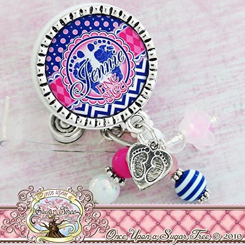 Personalized Footprint Badge Reel- RN Nurse Gifts, Badge Holder- NICU, L&amp;D, Chevron, Pink Blue