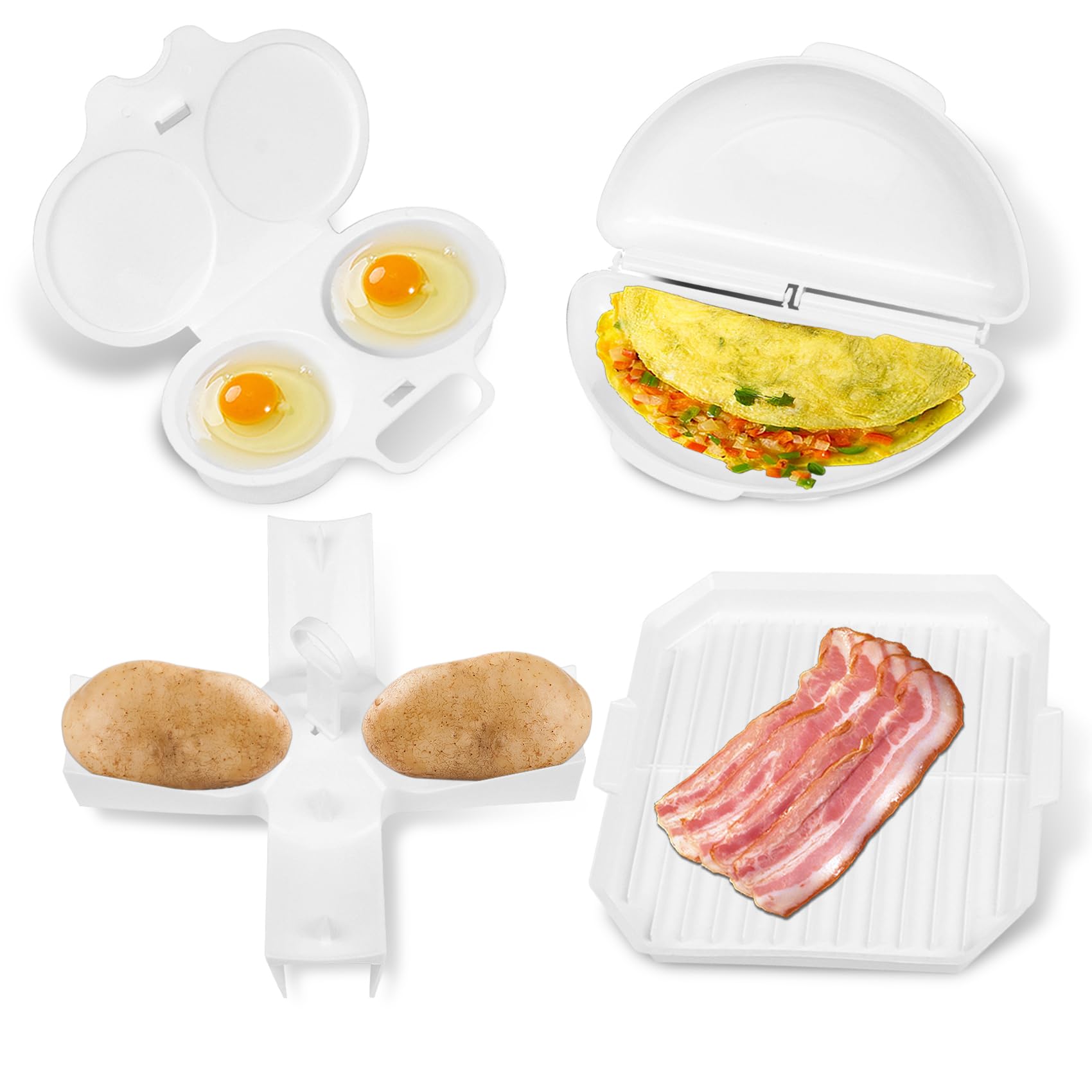 Photo 1 of (4pcs) Easy Breakfast Set, Microwave Egg Cooker/Poacher, Microwave Omelet Maker, Microwavable Bacon Grill/Rack/Cooker Tray/Dish, Baked Potato Cooker, Easy To Use and Non-Stick Egg Cookwarez