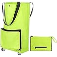 Huntoshon Shopping Bag with Wheels, Portable Trolley Bags Foldable Tote Grocery Cart, Reusable and Collapsible Utility Bag, 360° Swivel Wheels, Large Capacity for Travel and Home (Green)