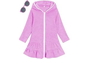 LUCKYGAL Girls Swim Cover Up Kids Long Sleeve Swimsuit Coverup Terry Beach Pool Clothes with Sunglasses