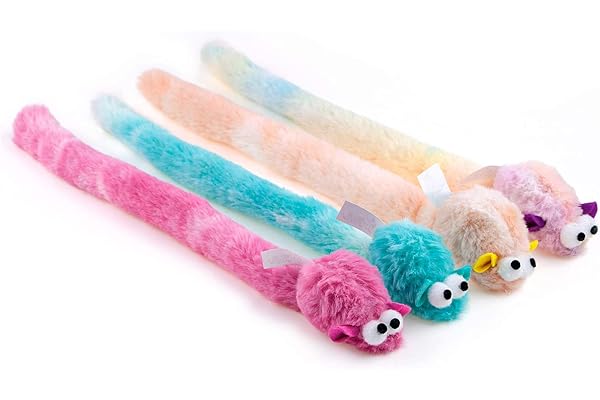 Chiwava 4 Packs 15 Inch Long Soft Plush Cat Toys Mice with Bell Rustle Sound Small Mouse Activity Interactive Toy